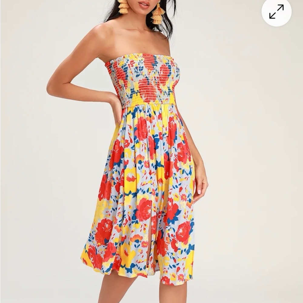 Lulu's Yellow Strapless Midi Dress with Red Floral Print